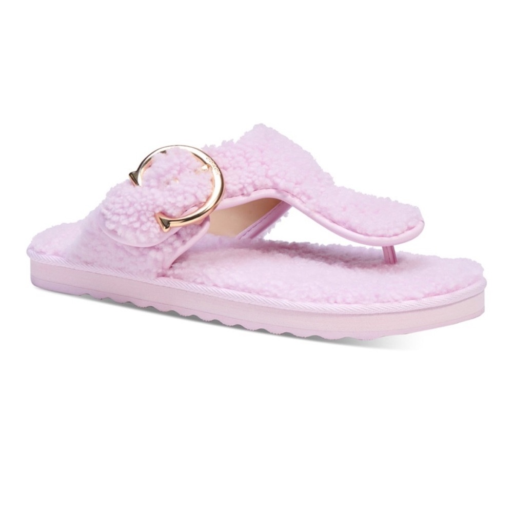 Coach Sherpa Fuzzy Slip-On Sandals Pink Shearling Buckle – Women’s 7B